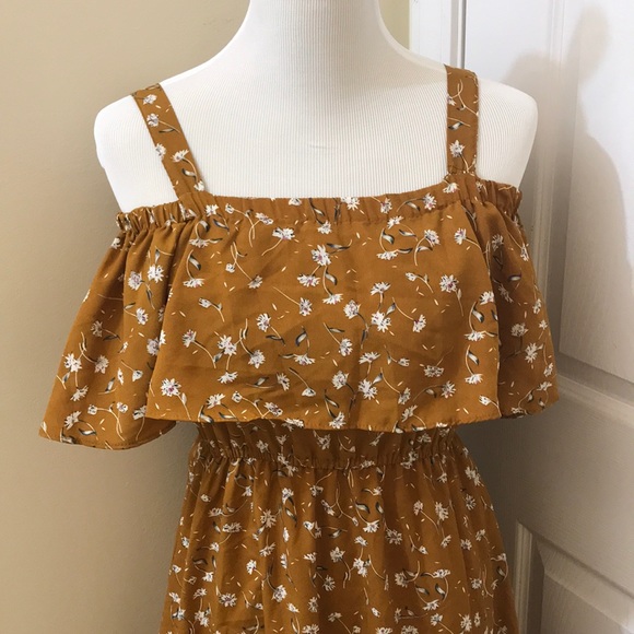 Mustard And Floral Off the Shoulder Dress | Small - Picture 2 of 3